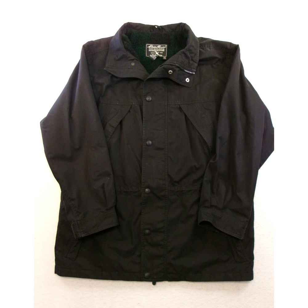 Eddie Bauer Field Jacket Mens L Black Wool Blend Plaid Lined Hoodless